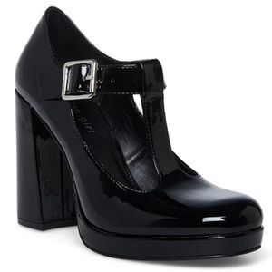 Madden Girl “Sally” Black Vegan Black Patent High Heel T-Strap Mary Jane Pumps